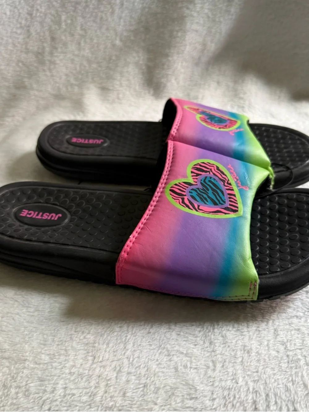 Justice Girls Black Slide‎ with Zebra-Print Heart and Rainbow Accents 6-7